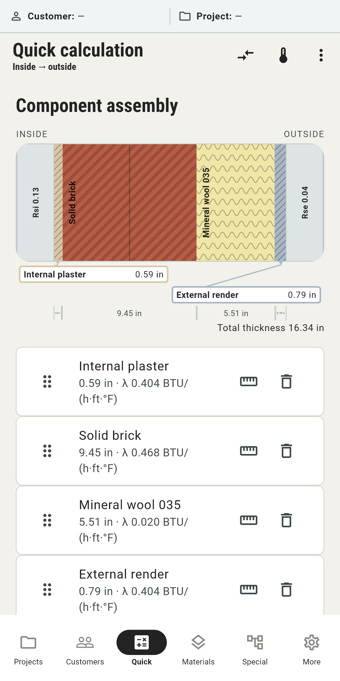 Construction build-up with brick, mineral wool and plaster
